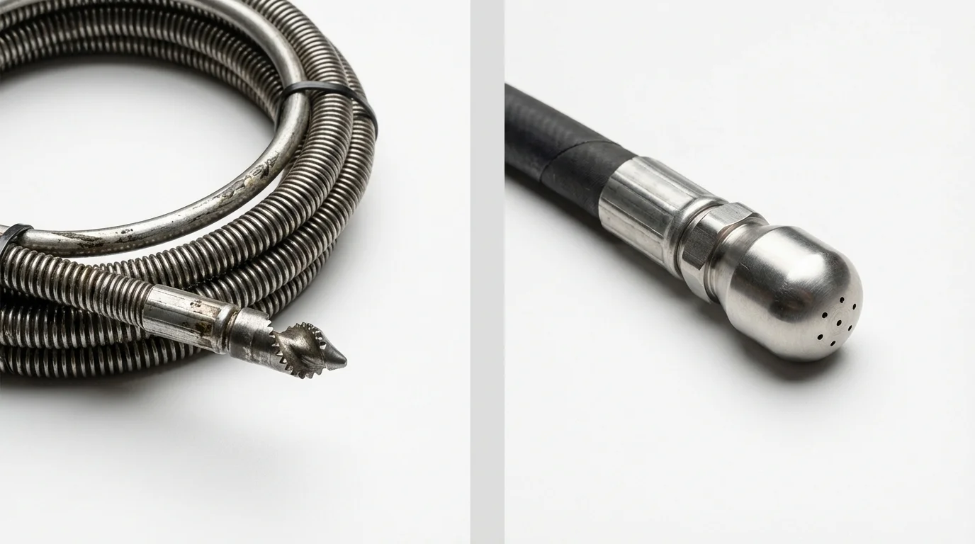 Drain snake cable and hydro jetting nozzle used for drain cleaning in Youngsville, LA
