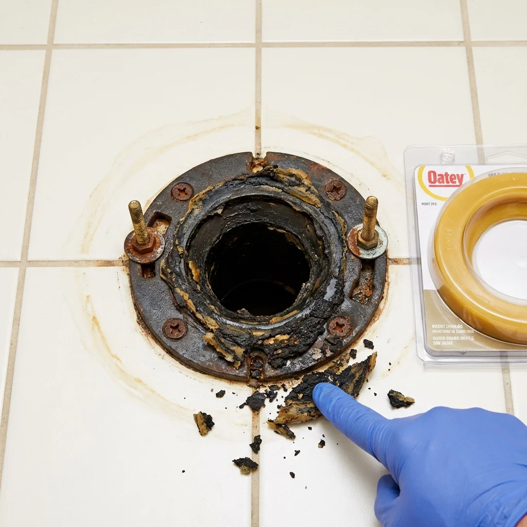 Failed wax ring showing water seepage at the base of a toilet in a Youngsville, LA home