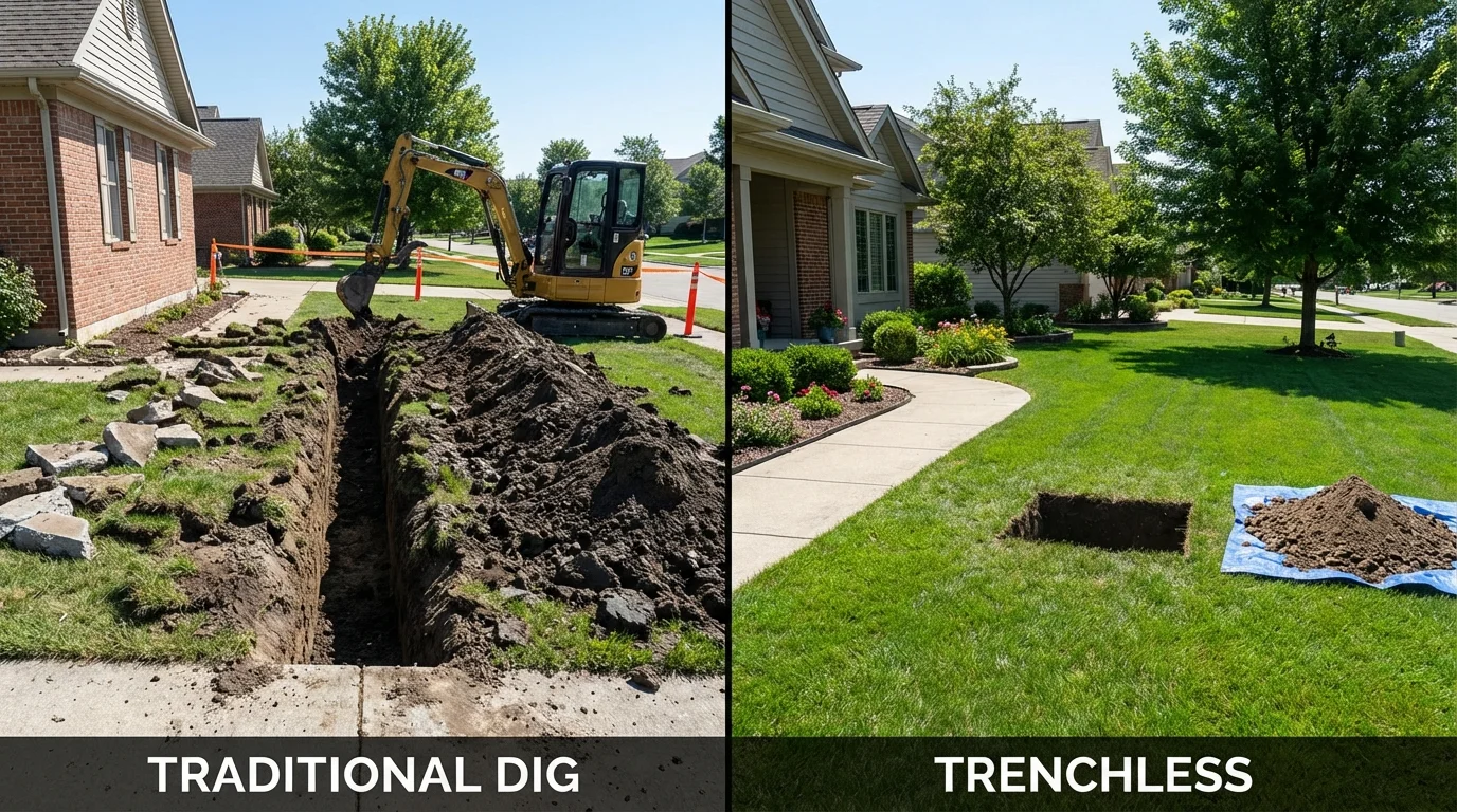 Trenchless sewer repair with minimal yard damage versus traditional excavation in Youngsville, LA