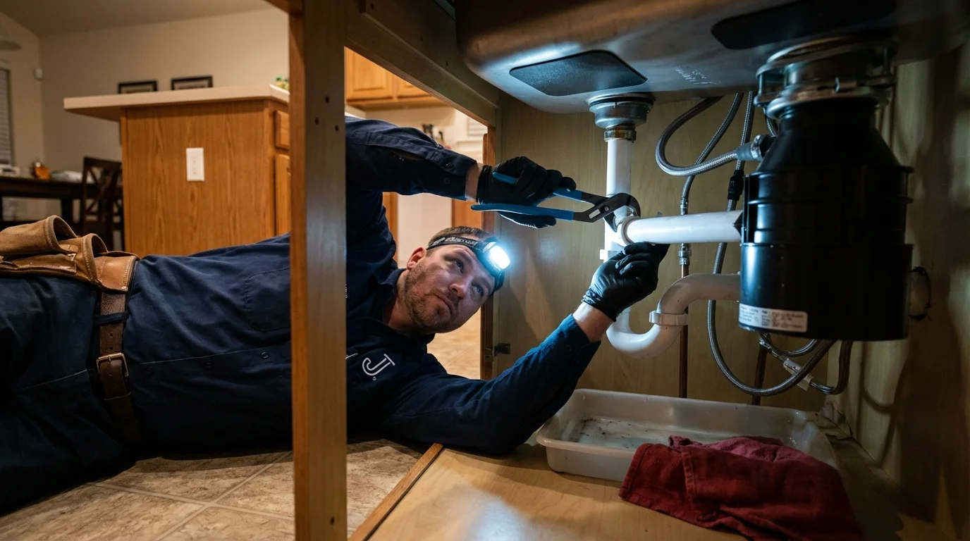 P-trap and supply line connections under a kitchen sink showing a common leak point in Youngsville, LA